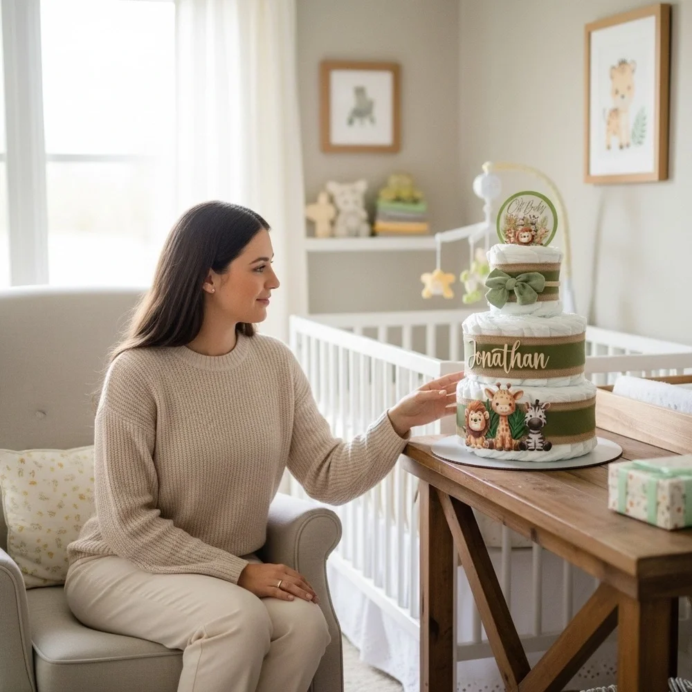 🦁 Personalized Safari Diaper Cake - 3 Tier | Baby Shower Centerpiece 🎁